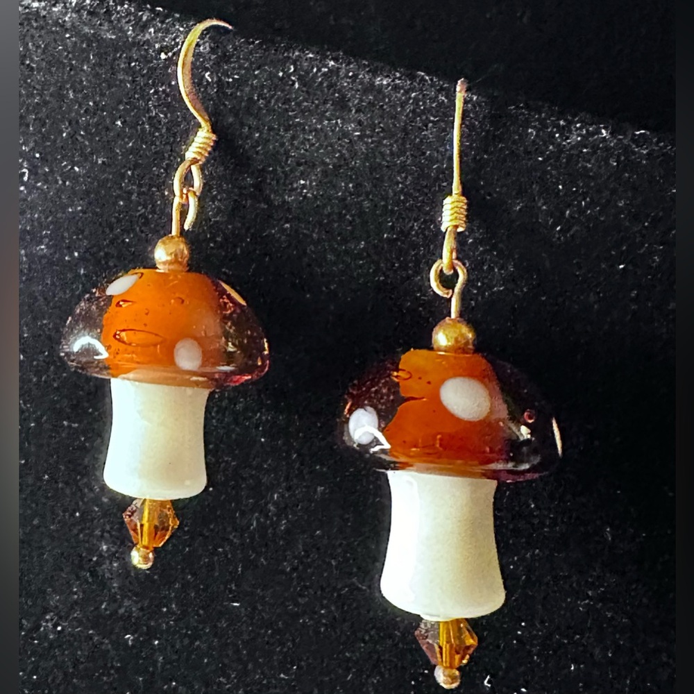 Blown Glass Mushroom with Copper Findings Sweet Dangle Earrings